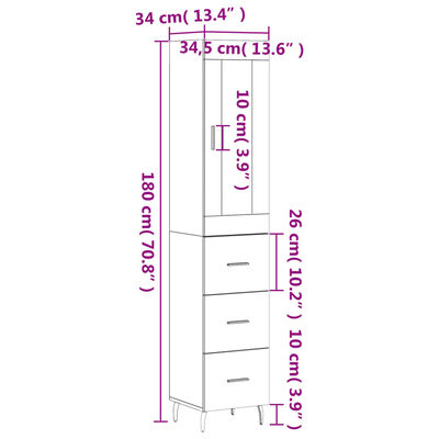 vidaXL Högskåp vit högglans 34,5x34x180 cm konstruerat trä