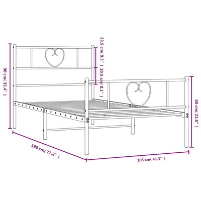 vidaXL Sängram med huvudgavel och fotgavel vit metall 100x190 cm