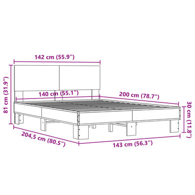 vidaXL Sängram brun ek 140x200 cm konstruerad trä och metall