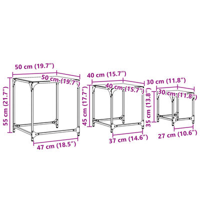 vidaXL Satsbord 3 st med transparent glasskiva stål