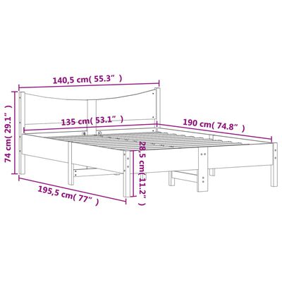 vidaXL Sängram utan madrass vaxbrun 135x190 cm massiv furu