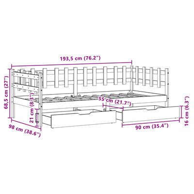 vidaXL Dagbädd med lådor vit 90x190 cm massiv furu