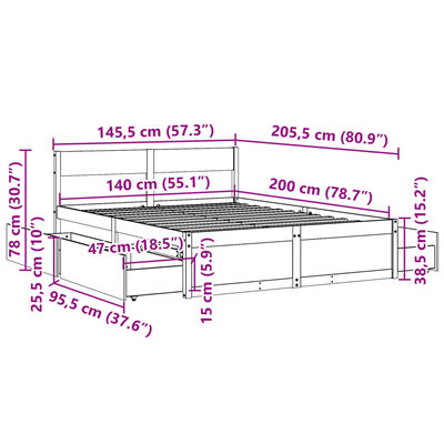 vidaXL Sängram utan madrass vaxbrun 140x200 cm massiv furu