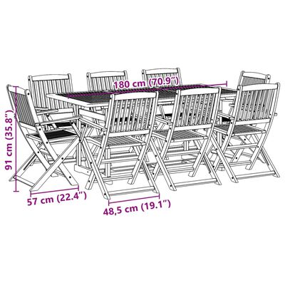 vidaXL Matgrupp för trädgården 9 delar 180x90x75 cm massivt akaciaträ