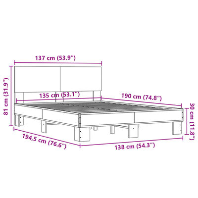 vidaXL Sängram sonoma-ek 135x190 cm konstruerat trä och metall