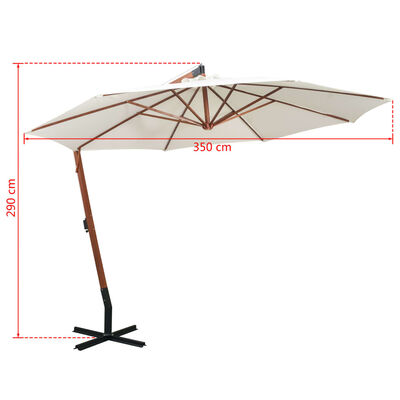 vidaXL Hängande parasoll 350 cm trästång vit