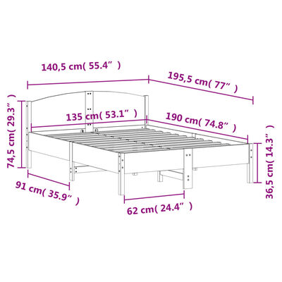 vidaXL Sängram utan madrass vit 135x190 cm massiv furu