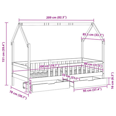 vidaXL Sängram för barnsäng m. lådor 80x200 cm massiv furu