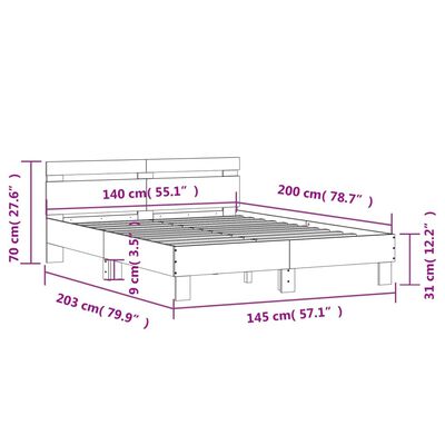 vidaXL Sängram med huvudgavel betonggrå 140x200 cm konstruerat trä