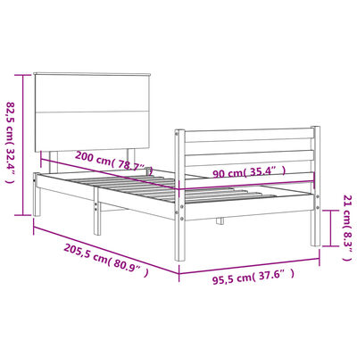 vidaXL Sängram med huvudgavel svart 90x200 cm massivt trä