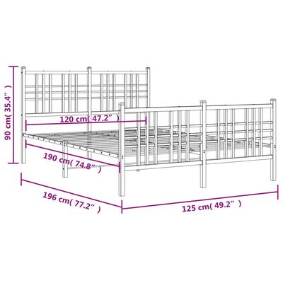 vidaXL Sängram med huvudgavel och fotgavel vit metall 120x190 cm