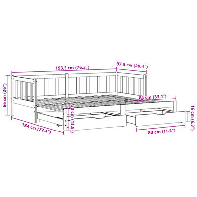 vidaXL Utdragbar dagbädd med lådor 90x190 cm massiv furu