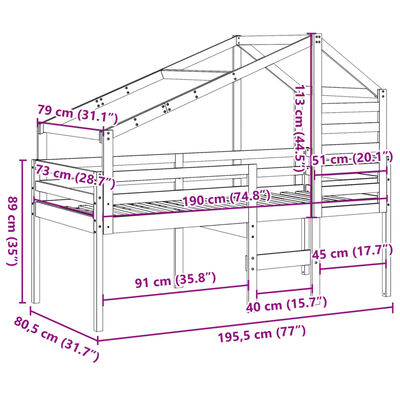 vidaXL Hög säng med tak vaxad brun 75x190 cm massiv furu