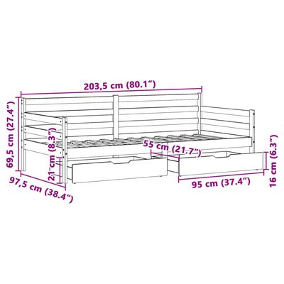 vidaXL Dagbädd med lådor 90x200 cm massiv furu