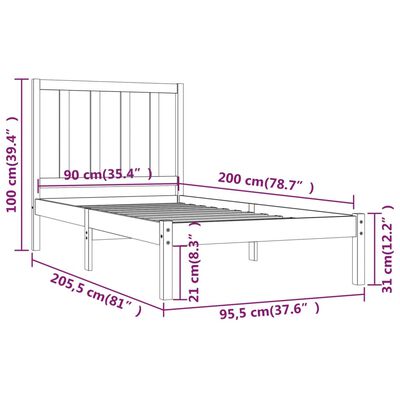 vidaXL Sängram massiv furu 90x200 cm