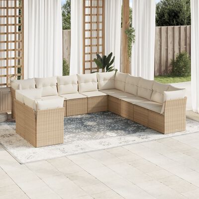 vidaXL Loungegrupp för trädgården m. dynor 11 delar beige konstrotting