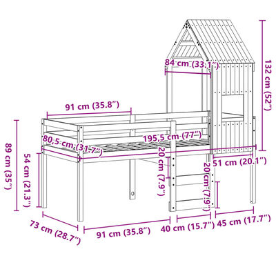 vidaXL Hög säng med tak vit 75x190 cm massiv furu