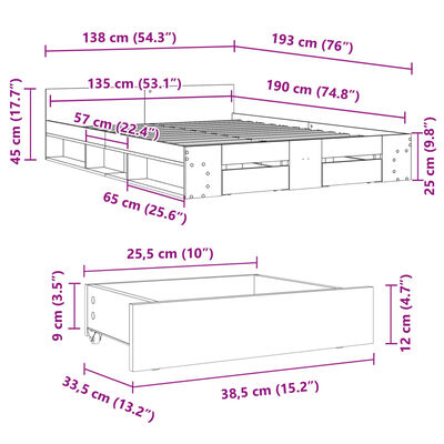 vidaXL Sängram med lådor svart 135x190 cm konstruerat trä