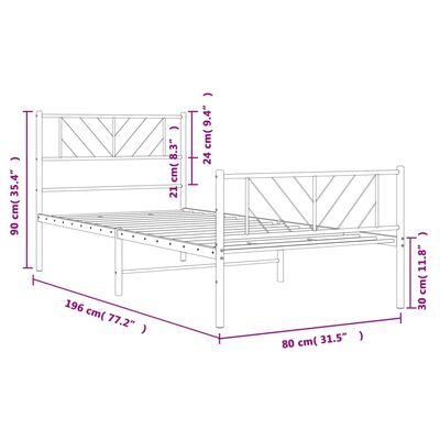 vidaXL Sängram med huvudgavel och fotgavel vit metall 75x190 cm