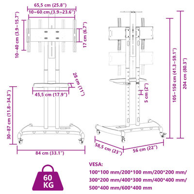 vidaXL Tv-ställ på hjul för 32-70 tums skärm max VESA 600x400 mm 60kg