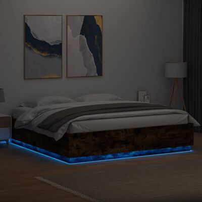 vidaXL Sängram med LEDs rökfärgad ek 200x200 cm konstruerad trä