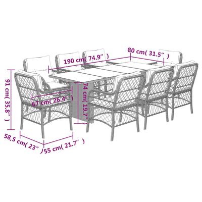 vidaXL Matgrupp för trädgården med dynor 9 delar konstrotting brun