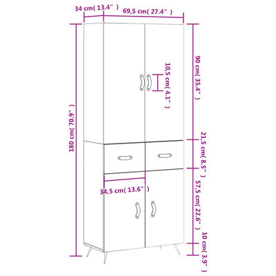 vidaXL Högskåp betonggrå 69,5x34x180 cm konstruerat trä