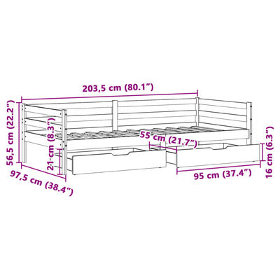 vidaXL Dagbädd med lådor vit 90x200 cm massiv furu