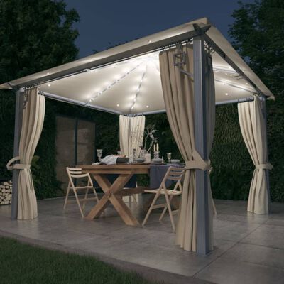 vidaXL Paviljong med gardin & ljusslinga LED 3x3 m gräddvit aluminium