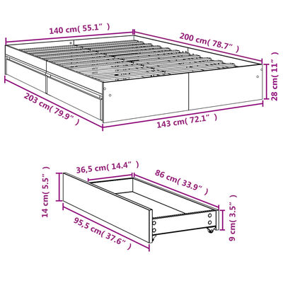 vidaXL Sängram med lådor rökfärgad ek 140x200 cm konstruerad trä