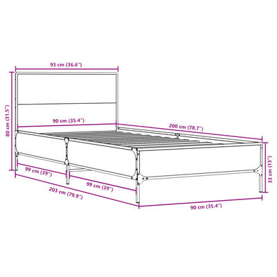 vidaXL Sängram rökfärgad ek 90x200 cm konstruerat trä och metall