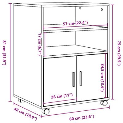 vidaXL Skåp med hjul sonoma-ek 60x48x81 cm konstruerat trä