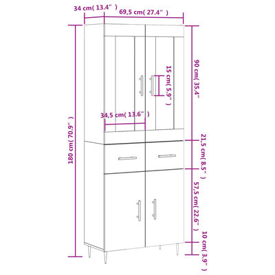 vidaXL Högskåp högglans vit 69,5x34x180 cm konstruerat trä