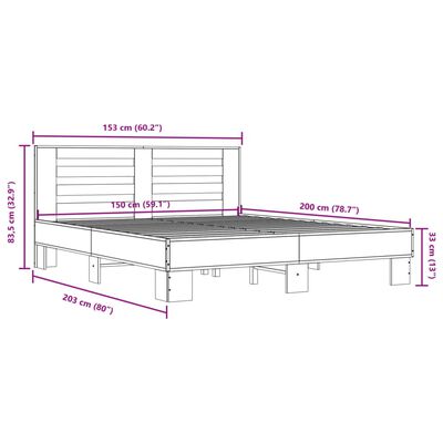 vidaXL Sängram grå sonoma 150x200 cm konstruerad trä och metall