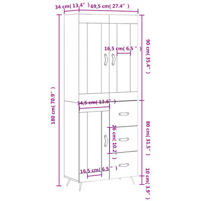 vidaXL Högskåp högglans vit 69,5x34x180 cm konstruerat trä