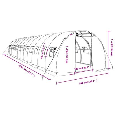 vidaXL Växthus med stålram vit 36 m² 12x3x2 m