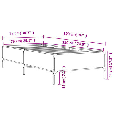 vidaXL Sängram brun ek 75x190 cm konstruerat trä och metall