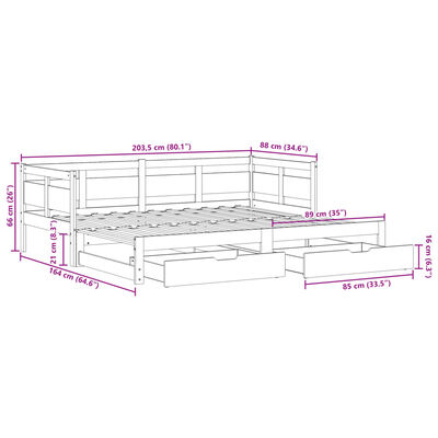 vidaXL Utdragbar dagbädd med lådor vit 80x200 cm massiv furu