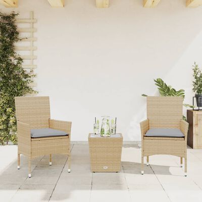 vidaXL Bistrogrupp med dynor 3 delar beige konstrotting och glas