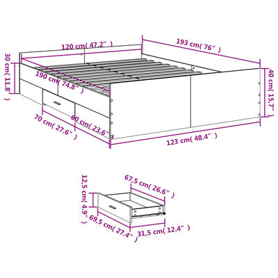 vidaXL Sängram med lådor sonoma-ek 120x190 cm konstruerat trä