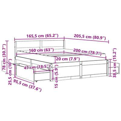 vidaXL Sängram med lådor och madrass 160x200 cm massiv furu