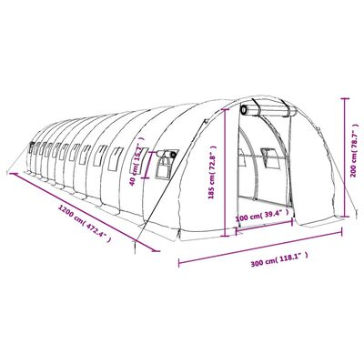 vidaXL Växthus med stålram grön 36 m² 12x3x2 m