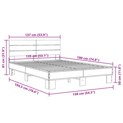 vidaXL Sängram brun ek 135x190 cm konstruerat trä och metall