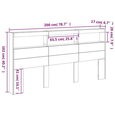 vidaXL Sänggavel med LED betonggrå 200x17x102 cm