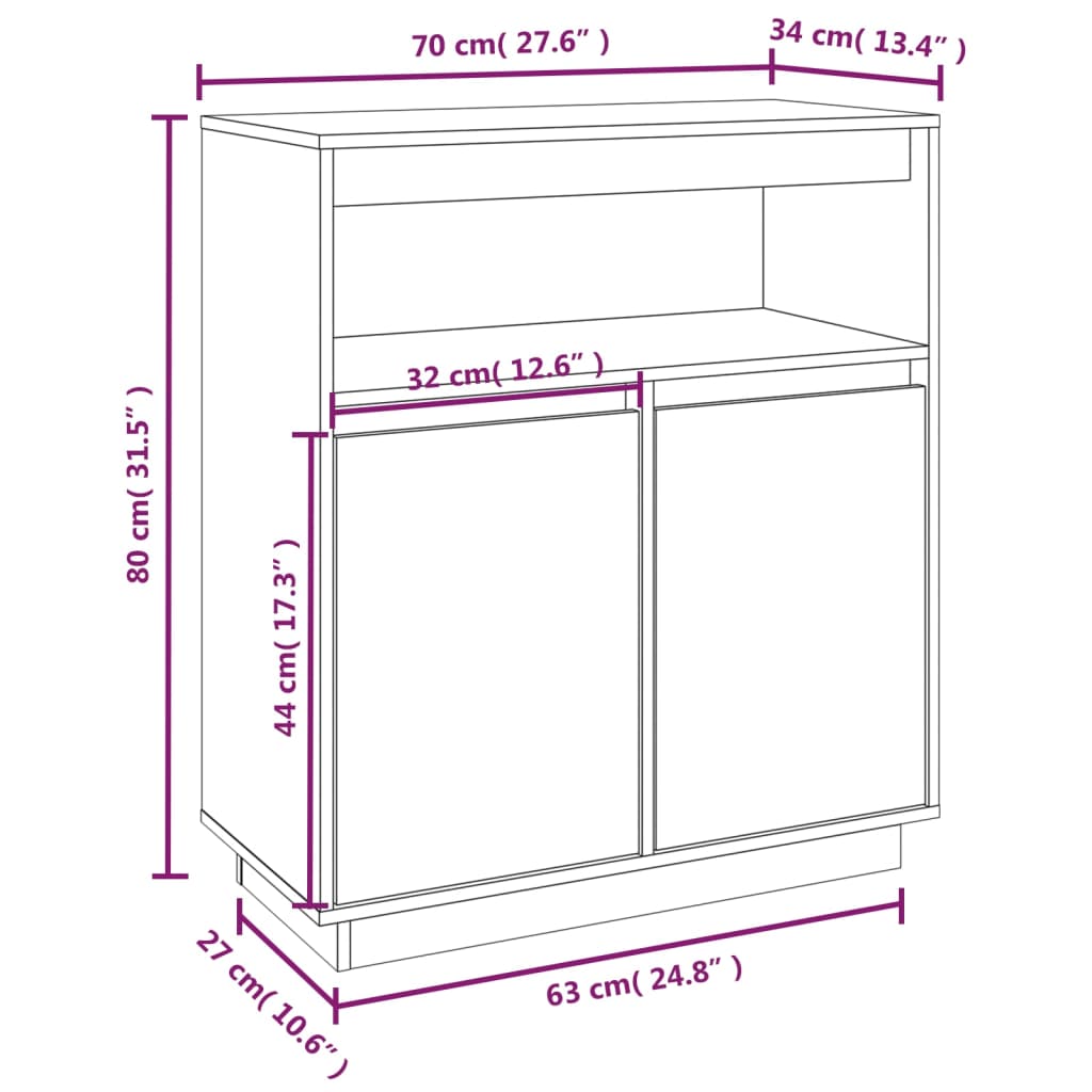 vidaXL Skänk svart 70x34x80 cm massiv furu