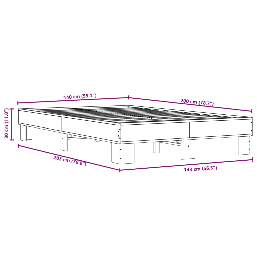 vidaXL Sängram rökfärgad ek 140x200 cm konstruerad trä och metall