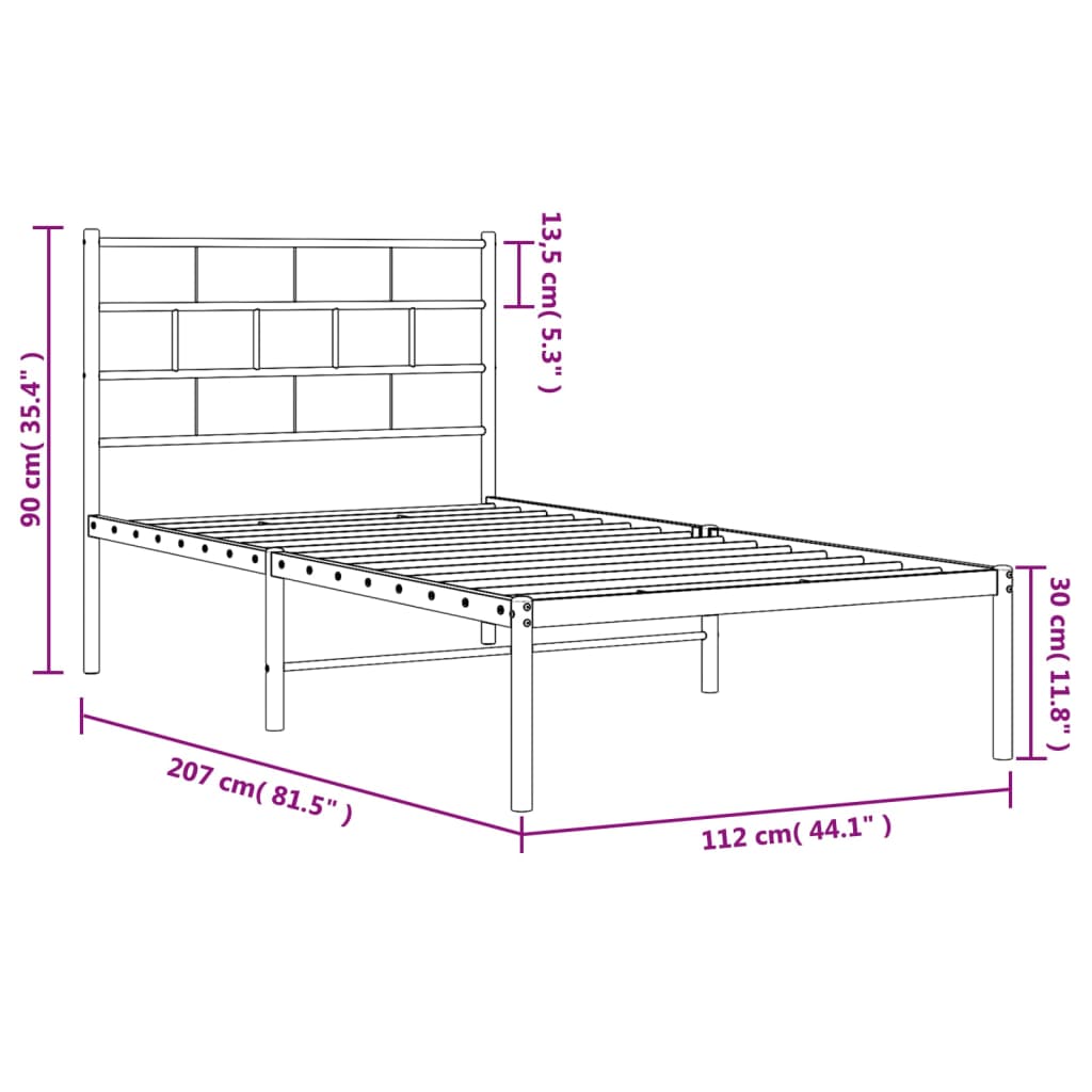 vidaXL Sängram med huvudgavel metall vit 107x203 cm