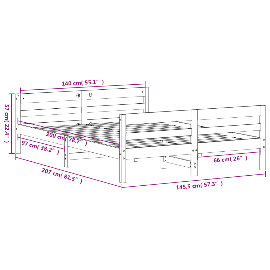 vidaXL Sängram utan madrass vit 140x200 cm massiv furu