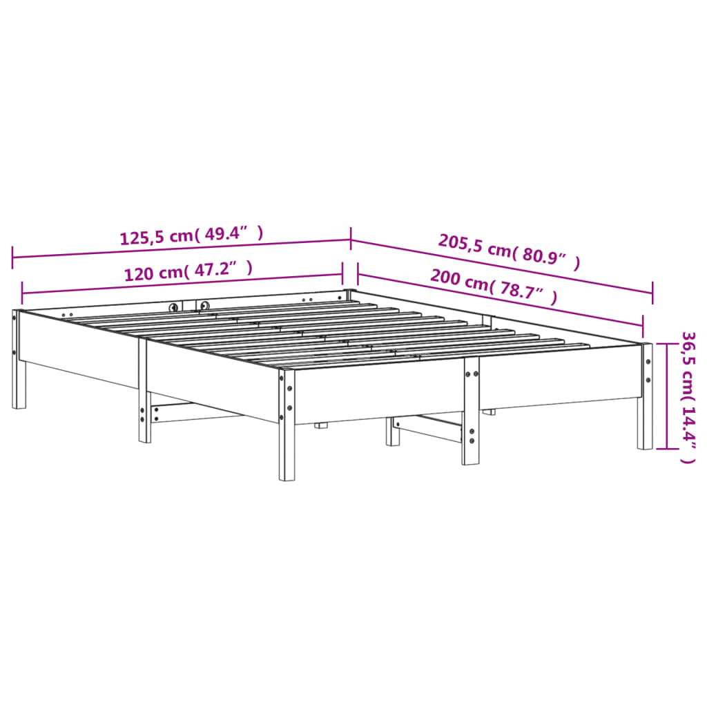 vidaXL Sängram utan madrass vaxbrun 120x200 cm massiv furu