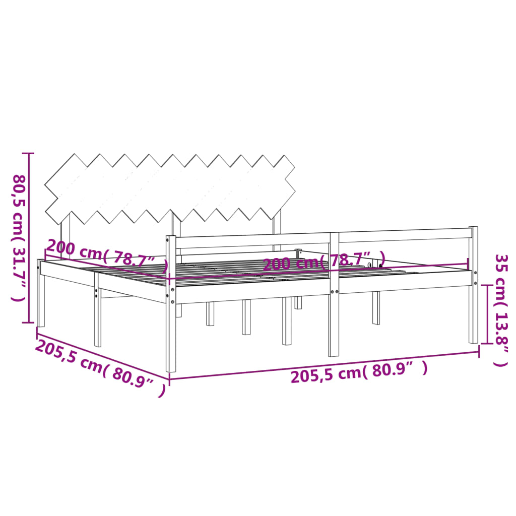 vidaXL Sängram med sänggavel svart 200x200 cm massivt trä